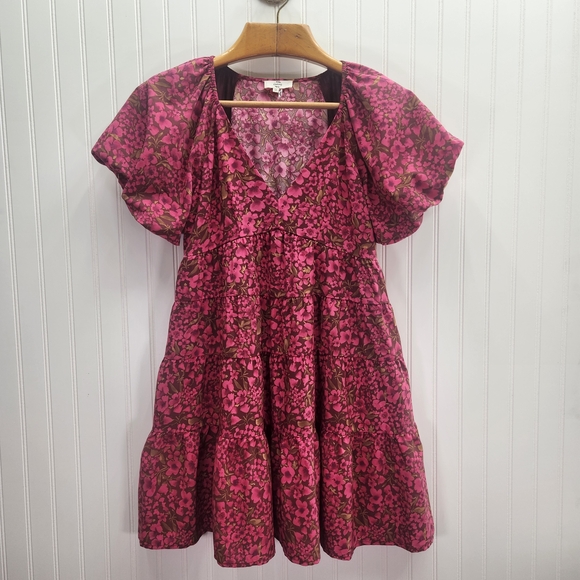 Entro floral Print V- Neck Bubble Sleeve Mini Dress Burgundy Size M - Picture 3 of 15